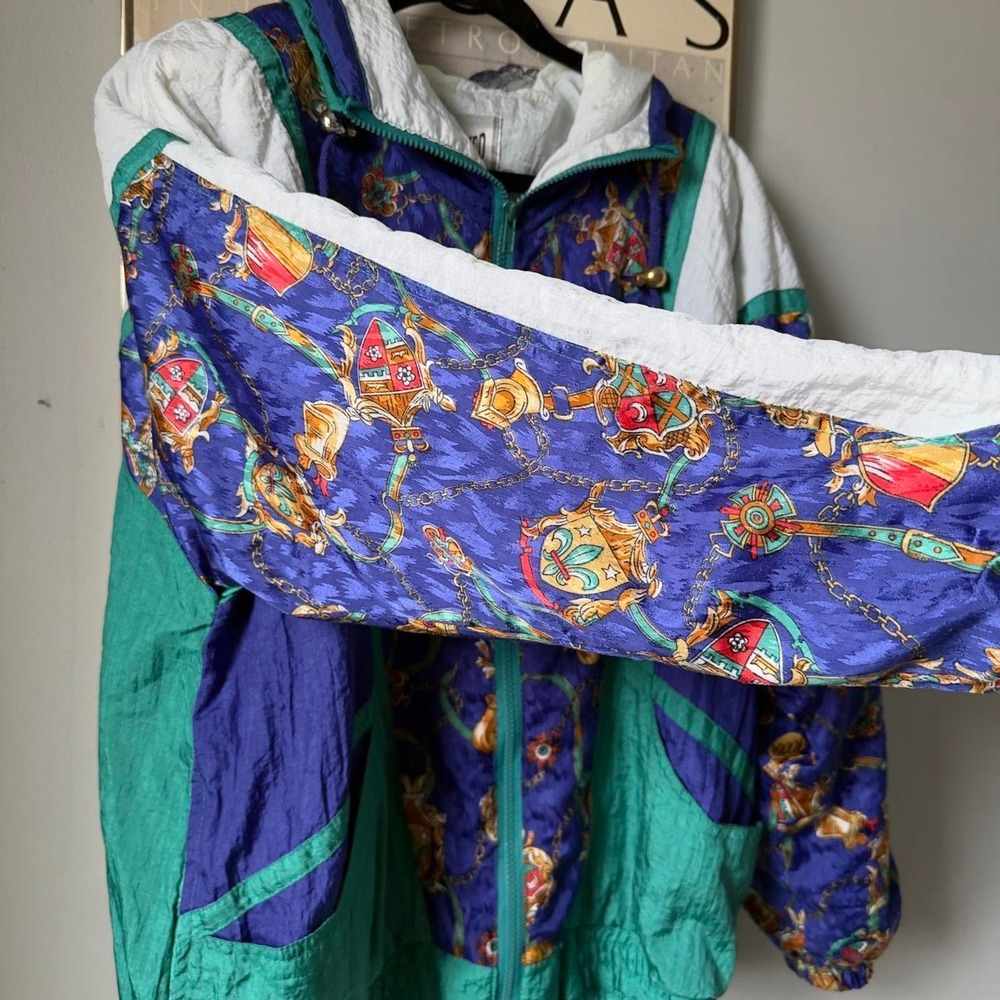 Vintage 90s Baroque Chain Crest Patchwork Crinkle Nylon Zip Windbreaker Jacket L